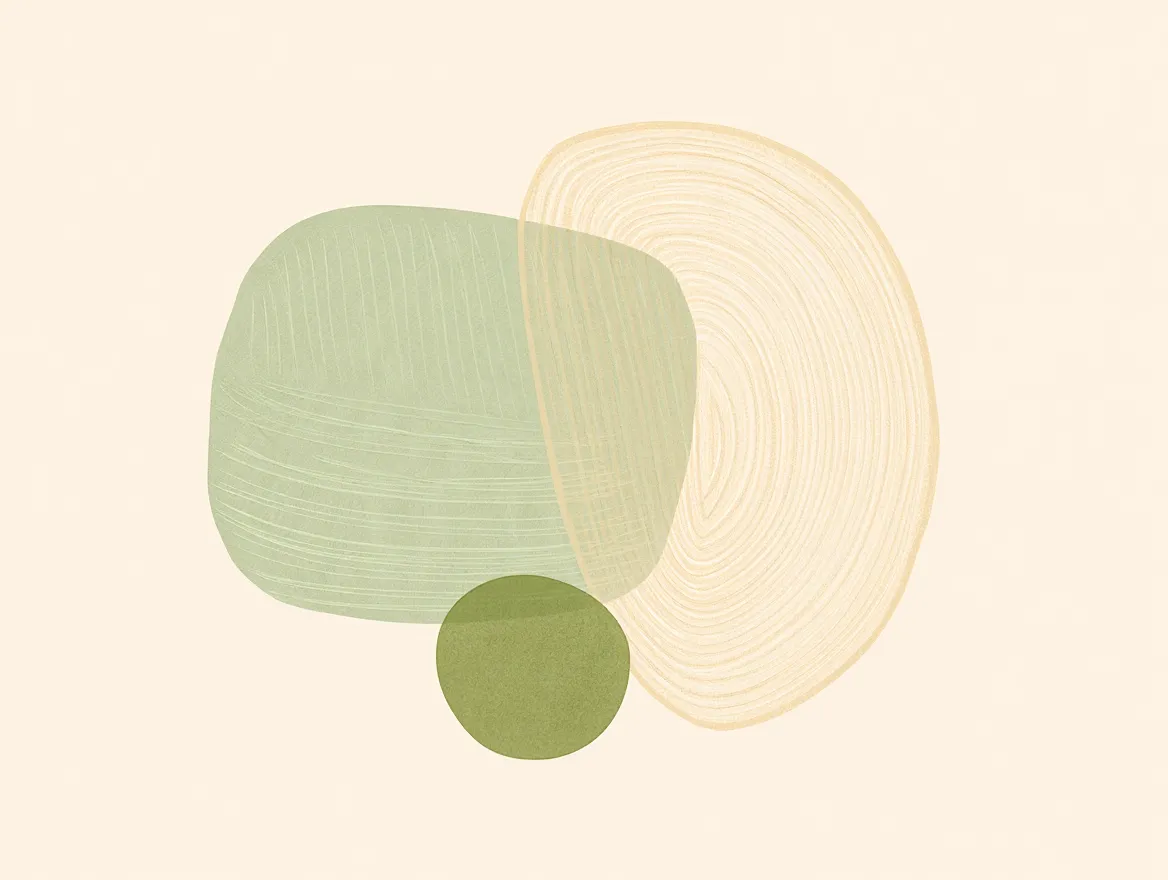 Mjuk illustration med överlappande former i lugna toner som symboliserar balans och daglig komfort